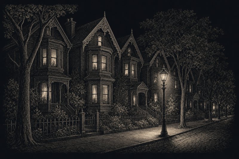 Engraved illustration of a Victorian street of bay-and-gable houses at night under a gas lamp